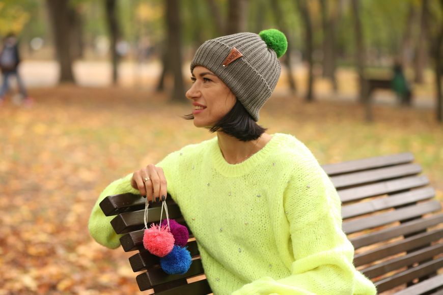 Жіноча в'язана шапка з натуральної вовни Morkva Hat Wool 5 style + 4 помпона, колір шапки - сірий mwh5 фото