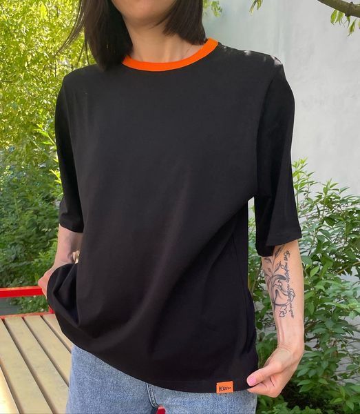Чорна жіноча футболка з помаранчевою горловиною Morkva t-shirt orange neck розмір S t-shirt02 фото